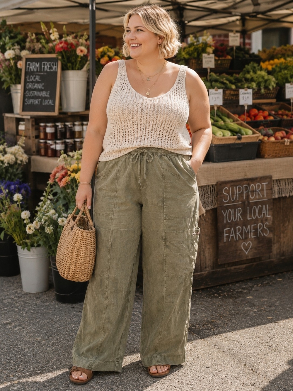 Heyson NEW Plus Size 2x: Relaxed High-Rise Cargo Wide-Leg Pants in Acid Green